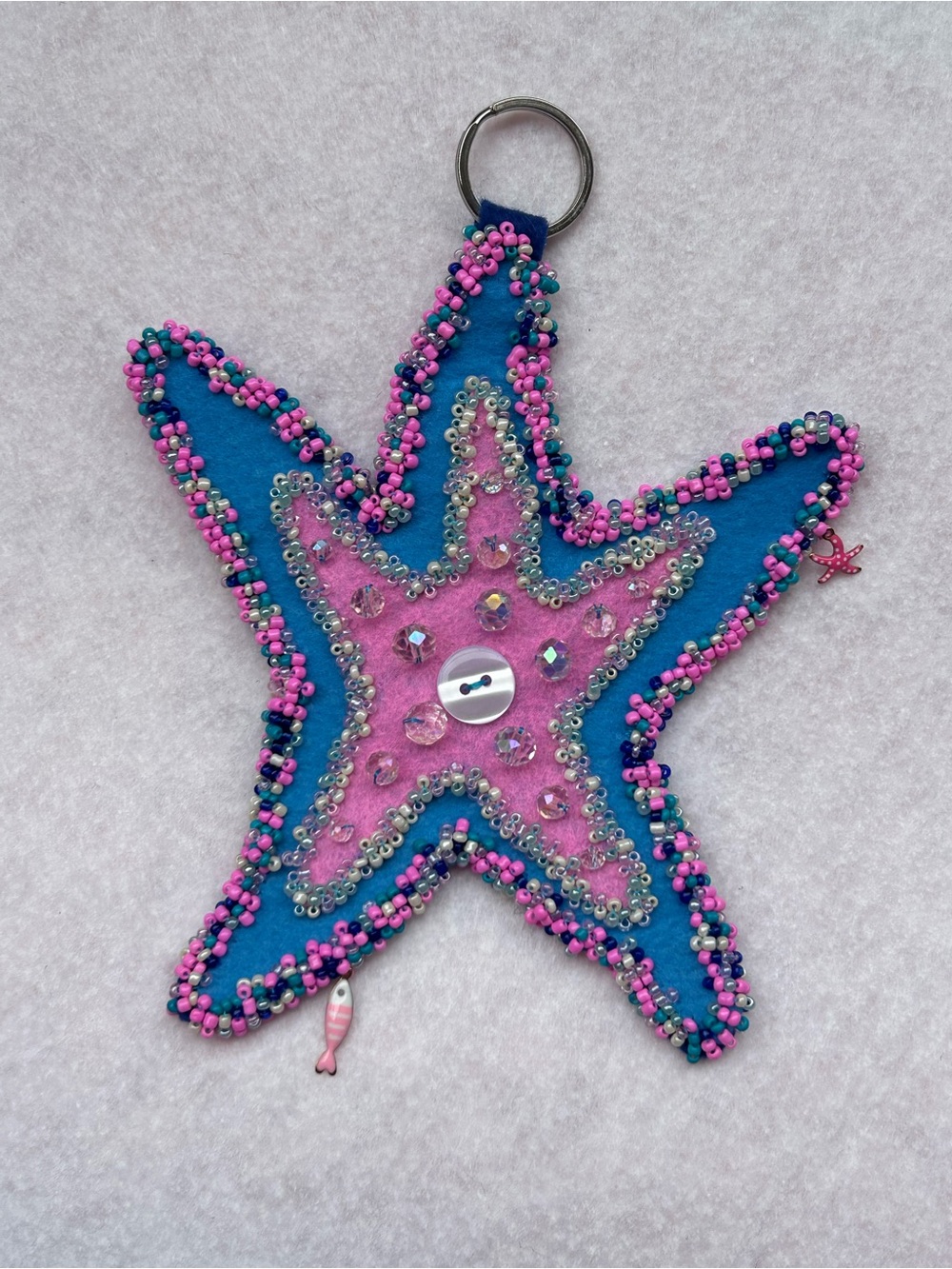 Handmade Maximalist Pink and Blue Beaded Starfish Bag Charm / Keychain